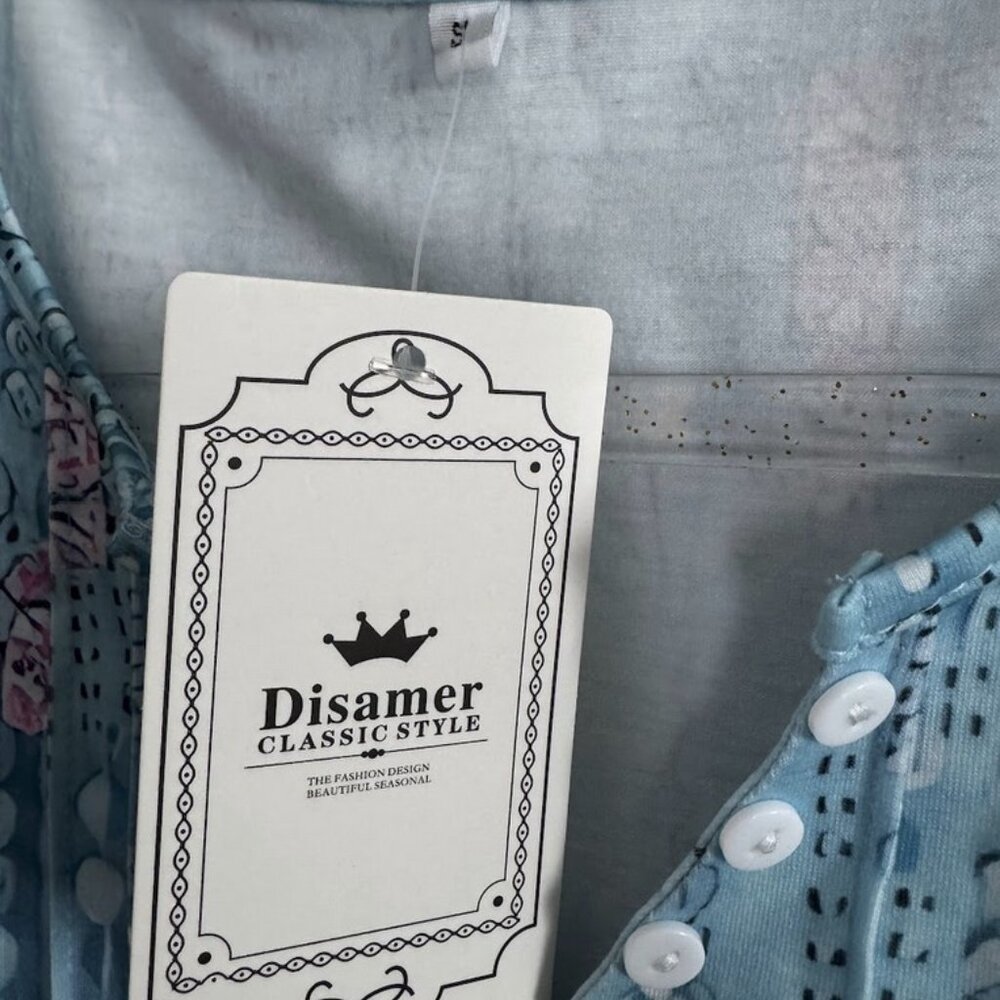 Disamer Blue Printed Button-Front Dress — Short Sleeve A-Line - Size Small - Picture 5 of 5